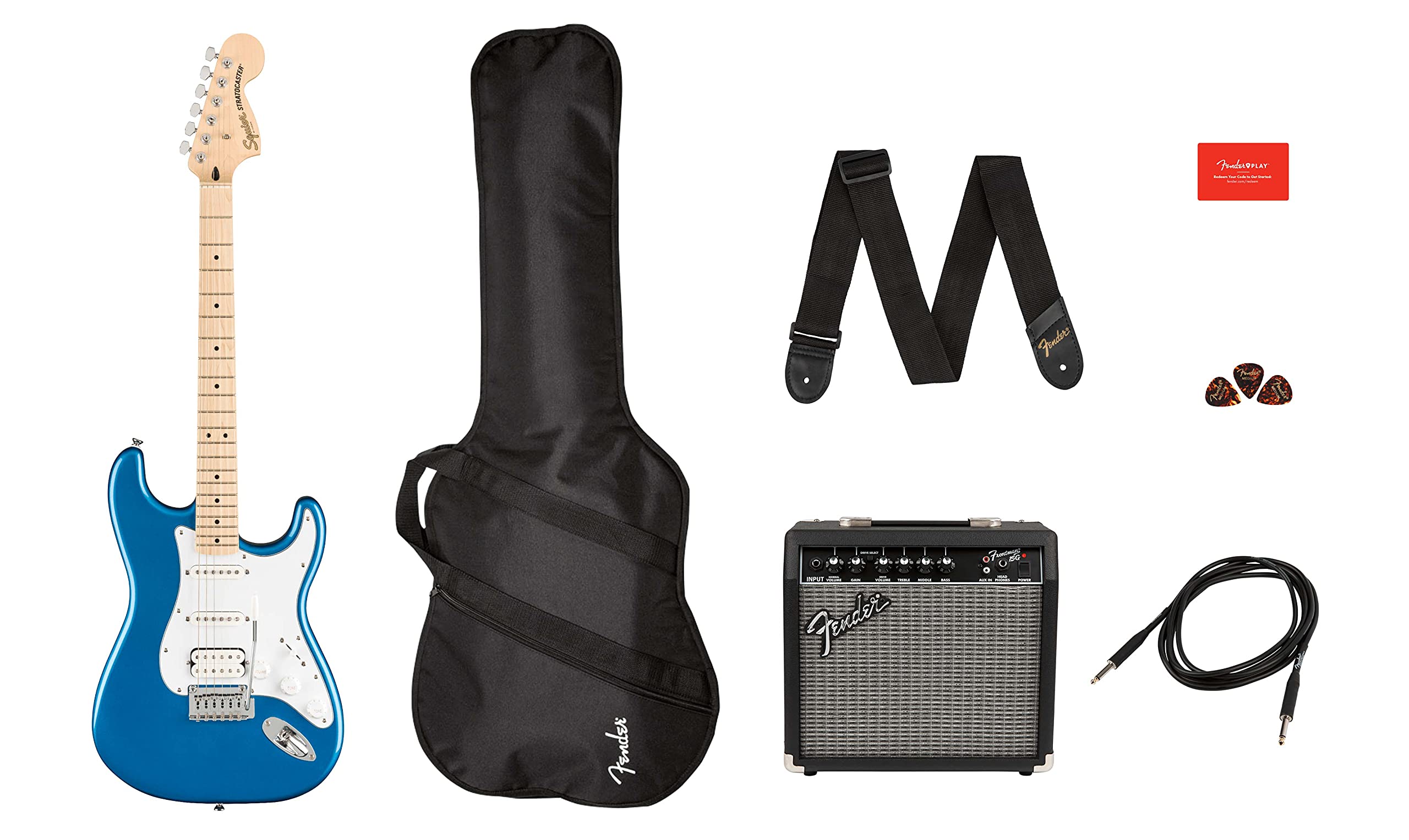 Fender Squier Affinity Stratocaster HSS - Lake Placid Blue Bundle with Frontman 15G Amplifier, Gig Bag, Tuner, Instrument Cable, Strap, Picks, and Austin Bazaar Instructional DVD