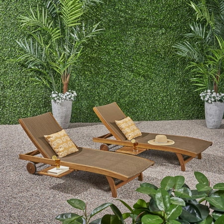 Emmanuel Outdoor Wicker and Wood Chaise Lounge with Pull-Out Tray Set of 2 Brown Teak