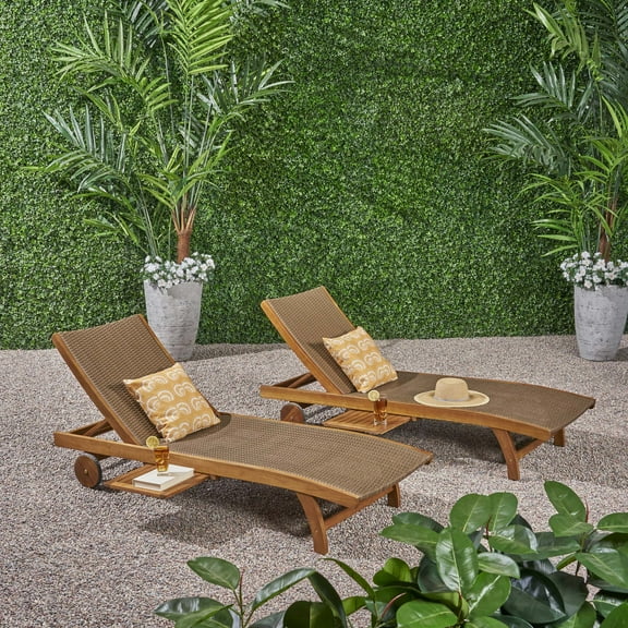 Emmanuel Outdoor Wicker and Wood Chaise Lounge with Pull-Out Tray, Set of 4, Brown, Teak