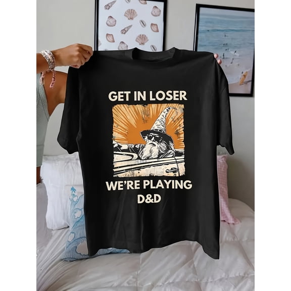 Funny "GET IN LOSER WE'RE PLAYING D&D" Graphic Tee | Men'S Dungeons & Dragons T-Shirt, Machine Washable, Casual All-season Long Sleeve Crew Neck Shirt for Tabletop Gaming Sessions, Perfect Gift