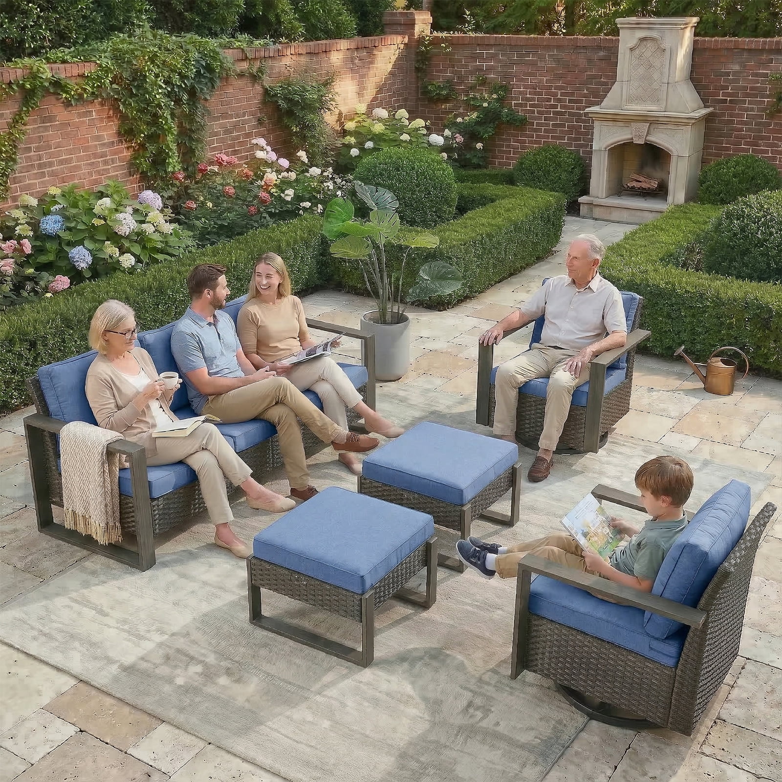 Luxury 5 Pieces Patio Furniture Sets with 50000BTU Propane Fire Pit Table,Outdoor Deep Seating Conversation Set with 4 Swivel Glider Patio Chair for Porch Backyard Balcony