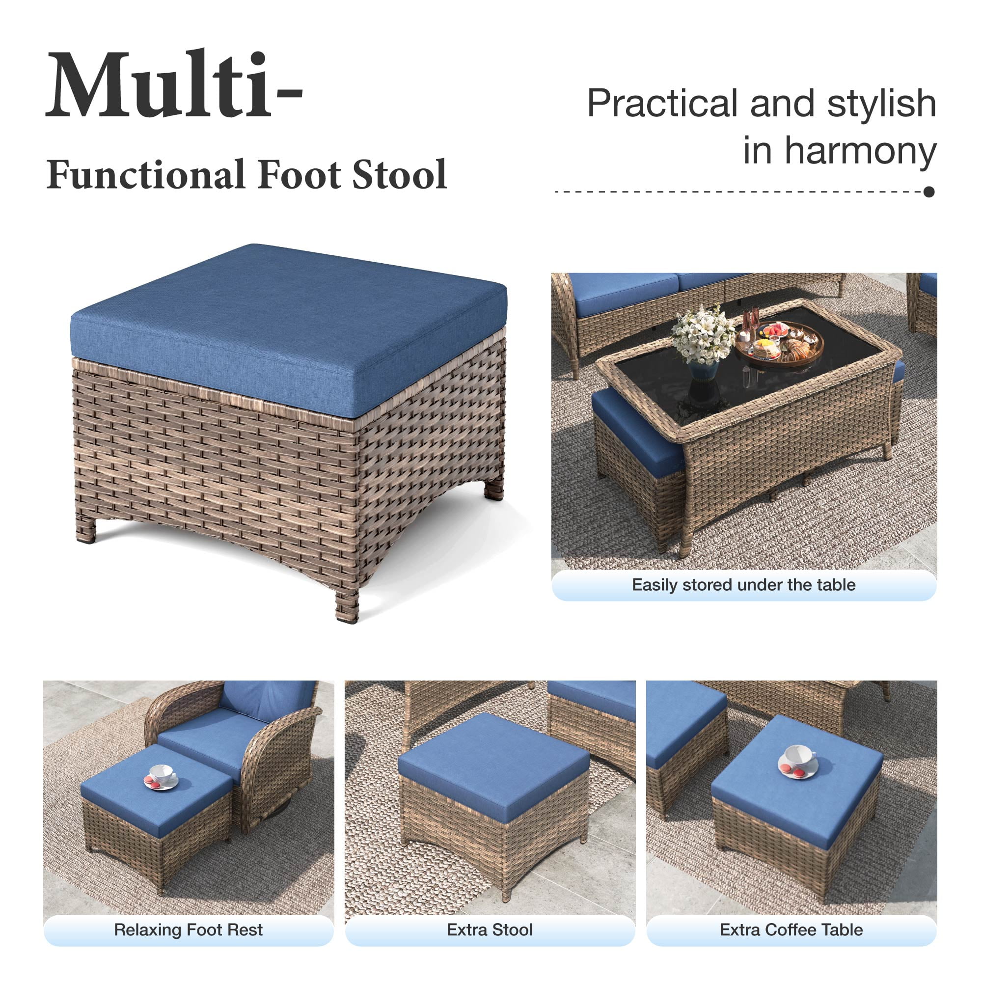 Summit Living 7-Seat Wicker Outdoor Patio Furniture Set with 2 Swivel Glider Rocking Chairs, 3-Seat Sofa, 2 Ottomans & Glass Top Coffee Table, 6-Piece Outdoor Patio Conversation Set, Navy Blue