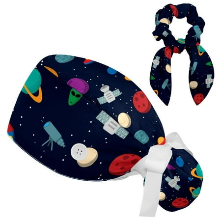 

Working Cap with Buttons and Sweatband Scrub Hat Bouffant Caps with Scrunchie Outer Space Tie Back Hats