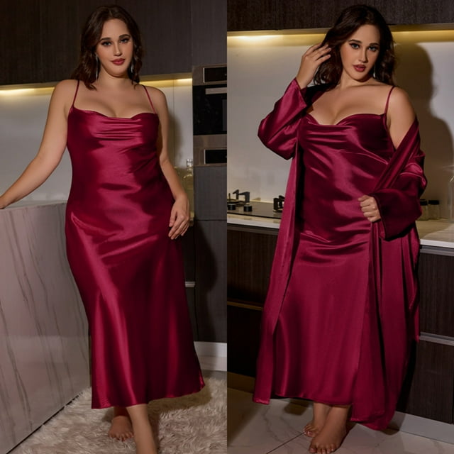 HongQid Ensemble Nuisette et Peignoir en Soie pour Femme Manches Longues Peignoirs Ensemble Peignoir 2 Pcs Camisole à Col en V Tenue de Nuit
