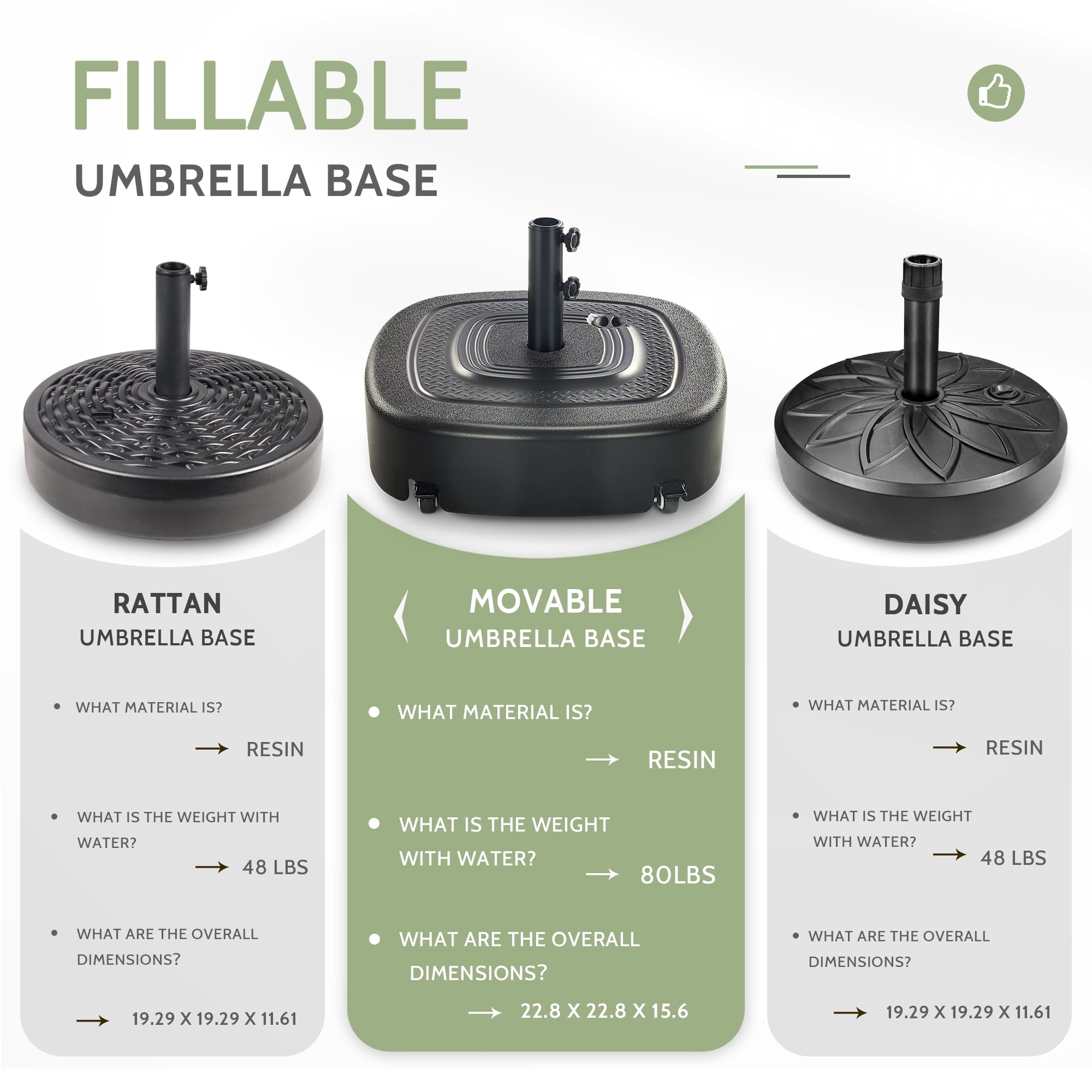 Scafild | 88lbs Square Water & Sand Filled Mobile Patio Umbrella Base Heavy Duty Market Stand with 4 Wheels and 2 Locks
