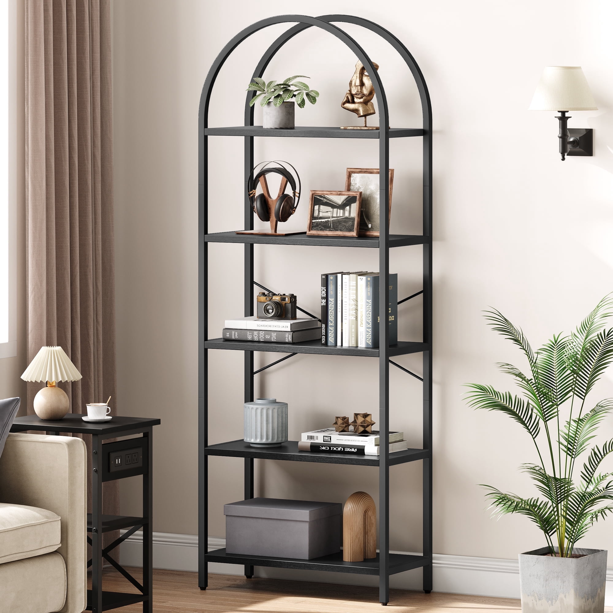 Riedhoff 5 Tier Bookcase, Arched Display Rack, Metal Frame, Modern Storage Rack Shelf, Black