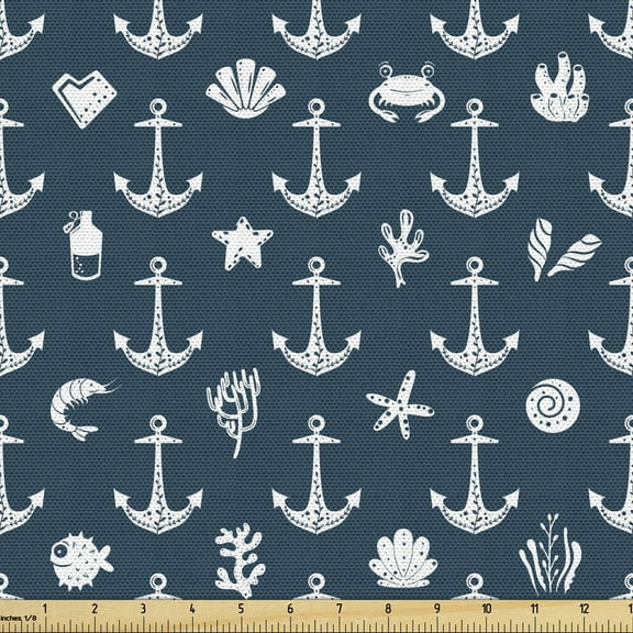 Ambesonne Nautical Blue Fabric by the Yard Upholstery, Anchor Starfish Coral, 3 Yards, Dark Petrol Blue White