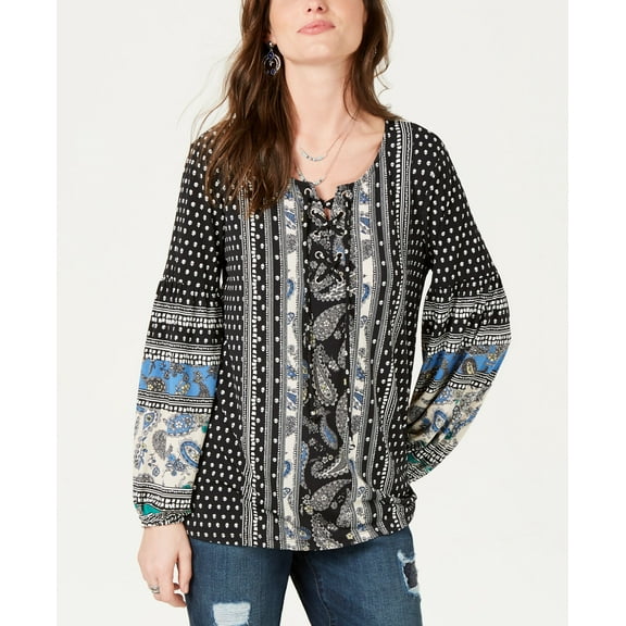 Style & Co Printed Grommet Laced Top Tile Whirl XL