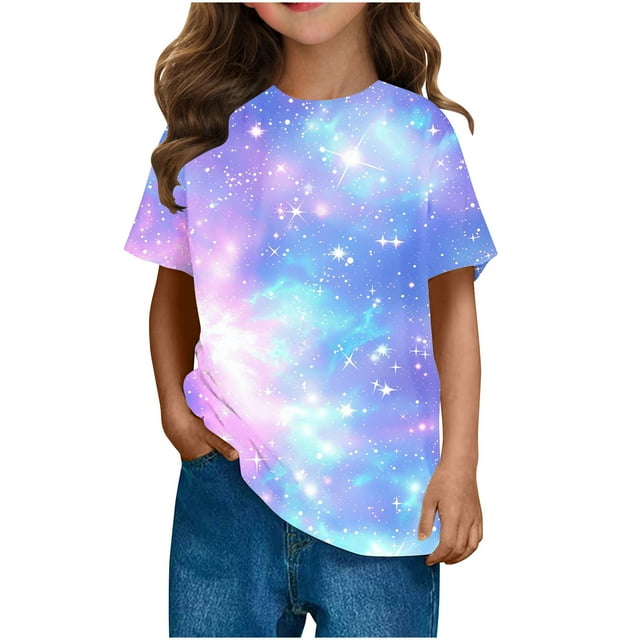 Zpanxa T-Shirts pour Filles Imprimé Ciel Étoilé Col Rond Manches Courtes Décontracté Polyester Spandex Topxx 4 Ans