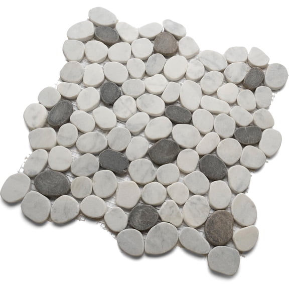 CNK Tile Mini Oval Marble Mosaic Tile, 12" x 12", Super White & Grey Stone for Backsplash, Shower Floors, Wall Decor