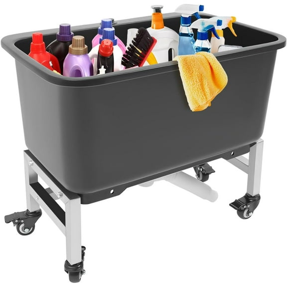 Freestanding Commercial Floor Mop Sink with Rollers, Mop Buckets with Drain Botton, Plastic Service Basin for Laundry Room, Kitchen, Bathroom, Garage