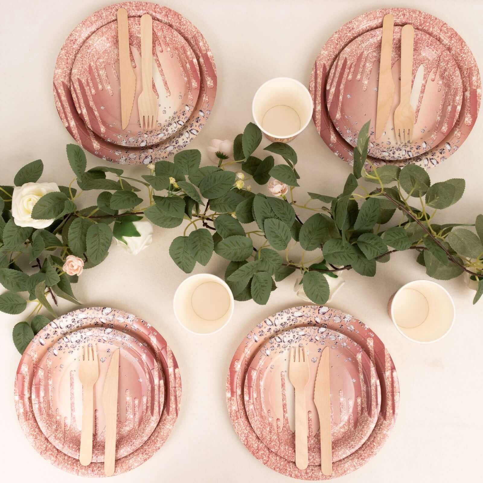 Efavormart 72 Pcs Rose Gold Disposable Party Supplies Kit With Diamonds Glitter Drip Pattern, Paper Plates Cups Tableware Combo Pack