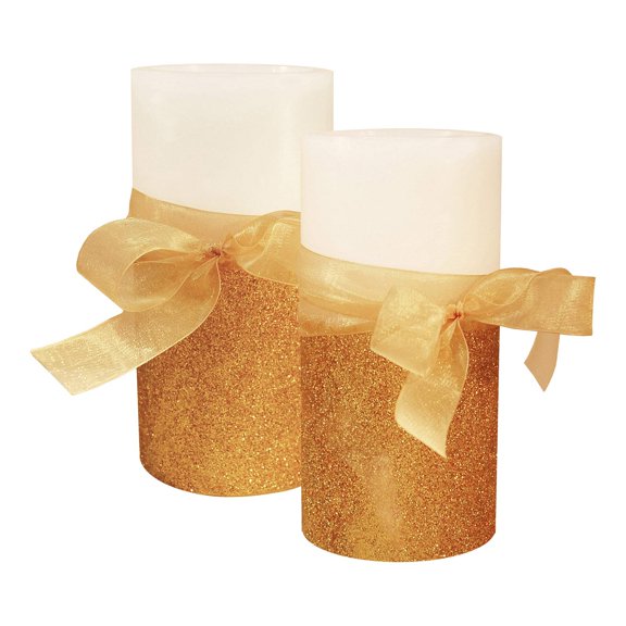LumaBase Battery Operated Wax LED Candles, Gold Bow - Set of 2
