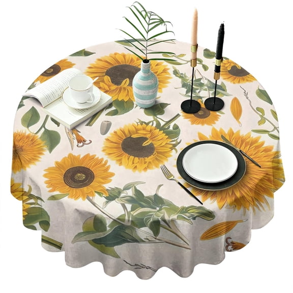White Sunflower Seed Leaf Pattern Round Tablecloth 60"x60",Wrinkle Wipeable Table Cloth for Kitchen Dining Room Picnic Patio Party