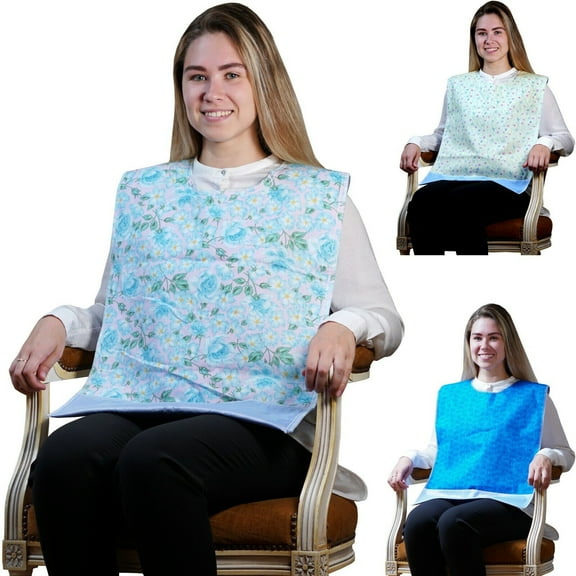 Adult Bib with Waterproof Vinyl Backing & Crumb Catcher - 3 Pack