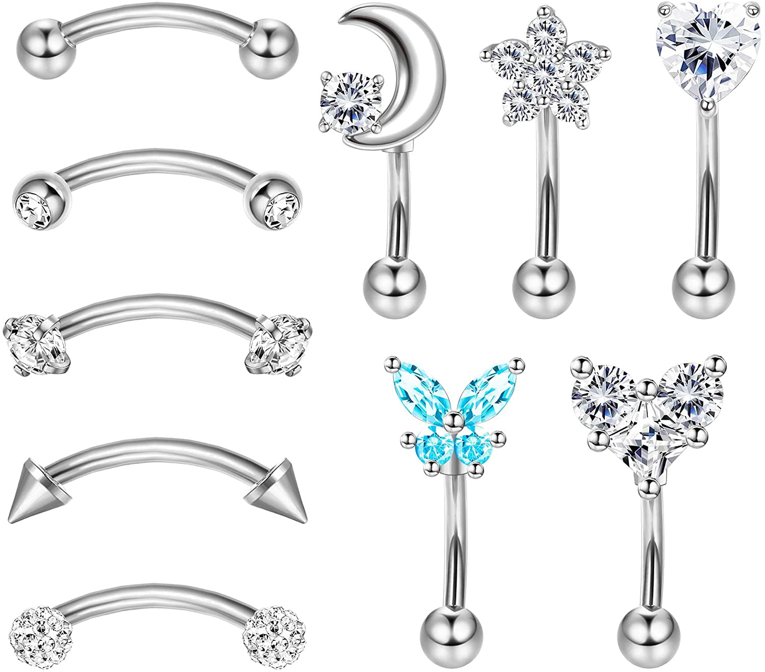 Hanpabum 8 Pairs Stainless Steel Helix Cartilage Tragus Stud Earrings Flower Feather Star CZ Barbell Piercing Earrings 16G 18G