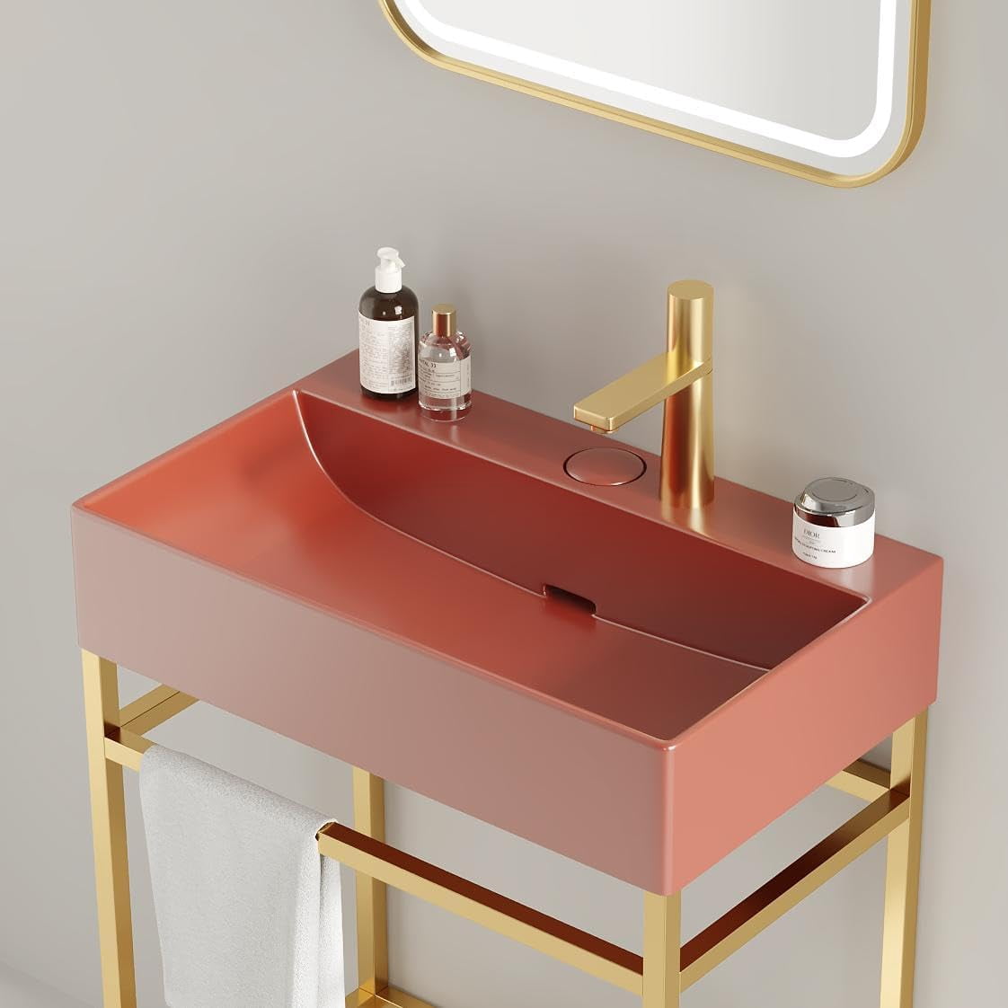 24 Inch Bathroom Vanity with Ceramic Basin, Freestanding Bathroom Console Sink Set, Red Rectangular Integrated Basin Without Faucet, Gold Open Metal Leg, Storage Shelves, Pop Up Drain