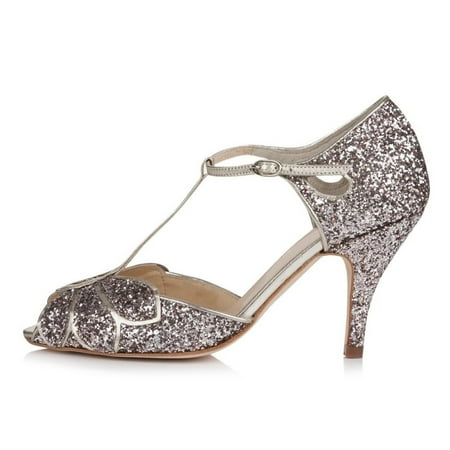 XYD Women Peep Toe T-Strap Butterfly Shaped Sandals Mid Heels Bridal Fancy Dance Ballroom Pumps Shoes Size 7.5 Champagne Glitter
