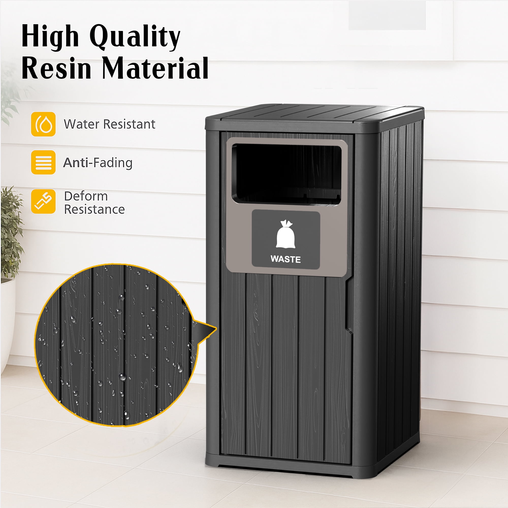 Outdoor Single Barrel Trash Can,Waterproof Resin Garbage Can with Garbage Labels,Durable Waste Bin for Porch, Backyard,Kitchen,for 30 to 39 Gallon Trash Bags（Black，1)