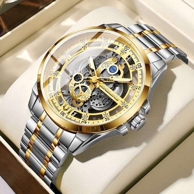 Reloj de Cuarzo Esqueleto para Hombre Caja de 42 Mm Correa de Acero Inoxidable Dorado Luminoso 30 M Impermeable Reloj de Pulsera Deportivo de Negocios