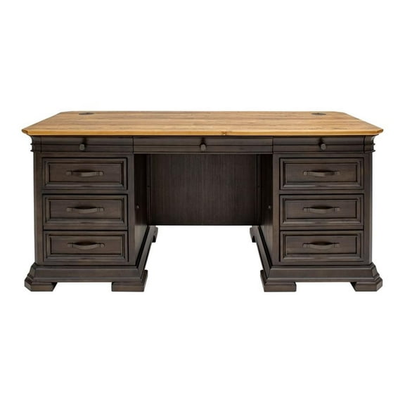 Pemberly Row Executive Credenza Desk Writing Table With Wood Plank Top Brown