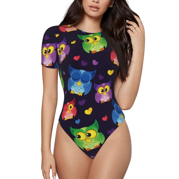 Fotbe Owls And Hearts Body de Mujer con Cuello Redondo y Mangas Cortas, Sin Mangas Ajustado, Suave, Cómodo y Básico-Large