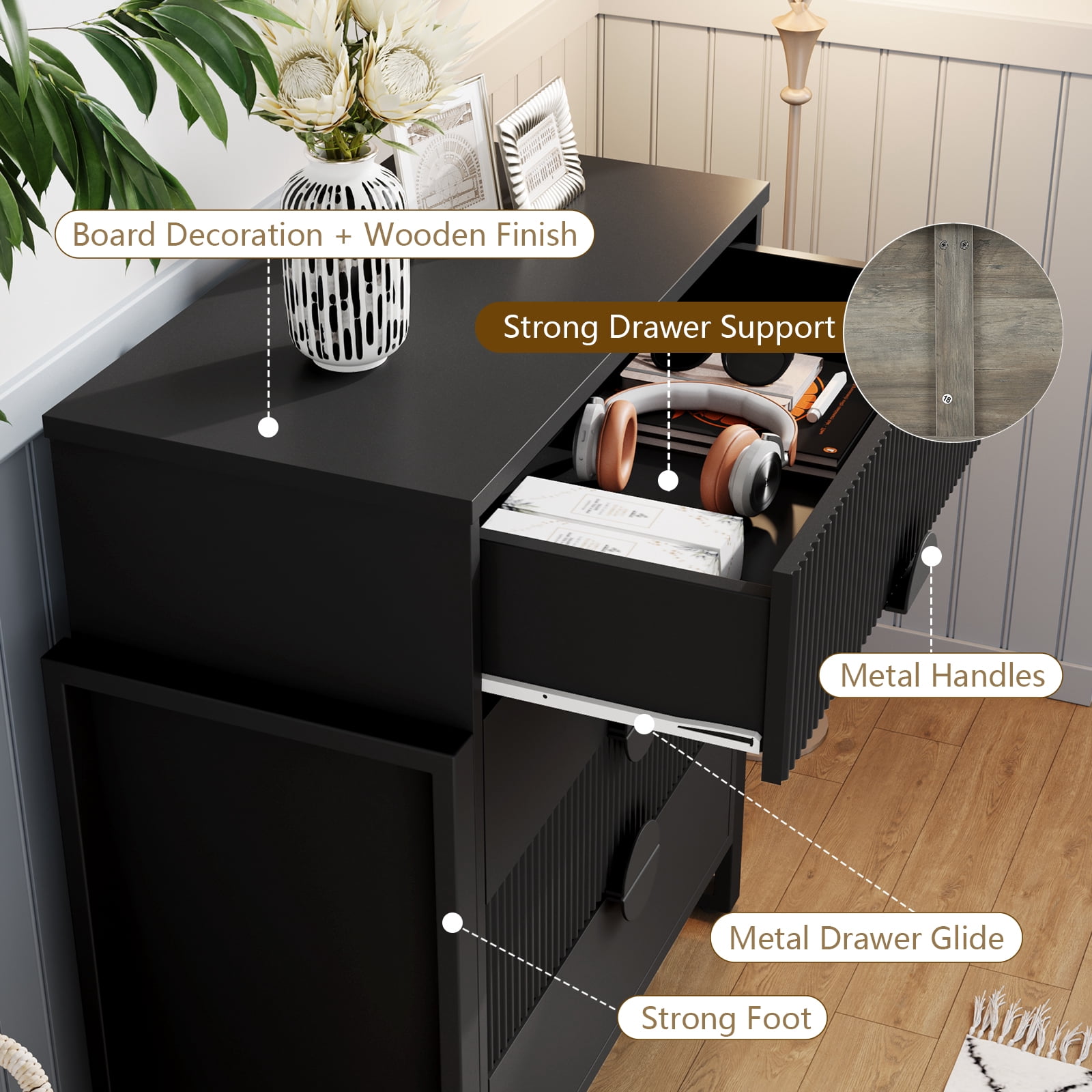 Dressers for Bedroom, 4 Drawers Fluted Dresser with Metal Handles, Modern Chest of Drawers Storage Cabinet for Living Room, Entryway,Black