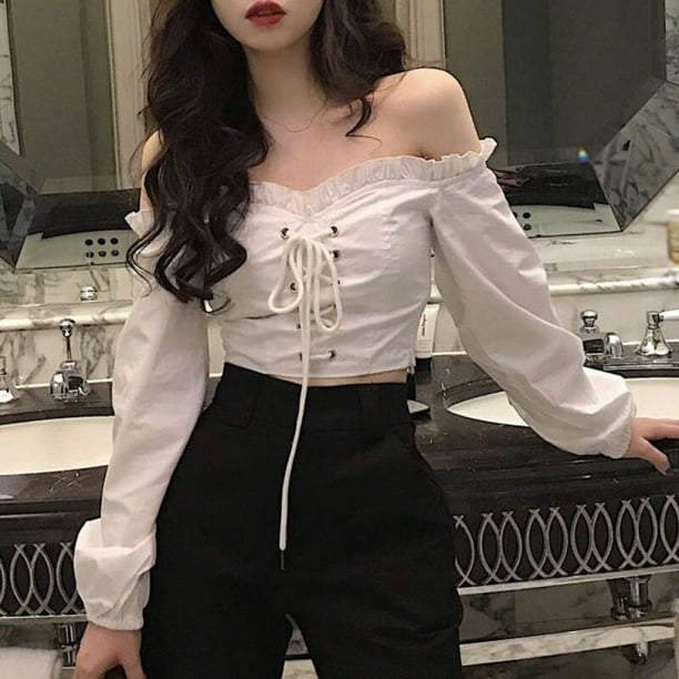 Spring Slash Neck Blusas Women Puff Sleeve Lace Up Blouses Female High Waist Shirts Cozy Crop Tops Femme Ropa Mujer - Walmart.com