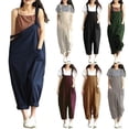 thumbnail image 2 of Pantalones casuales con tirantes de hombro cepillados en azul profundo de estilo retro artístico para mujer de talla grande, 2 of 5