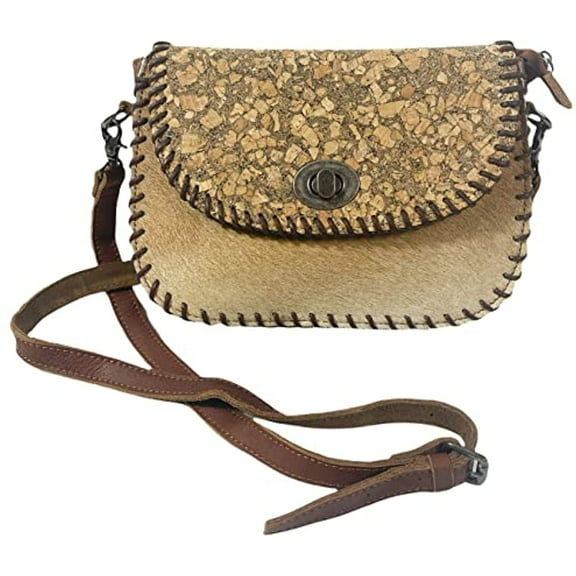 Urbalabs Western Crossbody Purse Genuine CowHair Cork Flap Leather Handbag Tote Bag Women Zipper Hand Stitched (Brown)