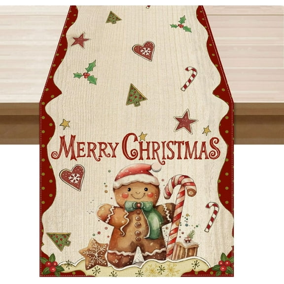 Merry Christmas Gingerbread Man Winter Xmas Table Runner Table Decoration for Home Kitchen Dining Holiday Decor 13x48 Inch