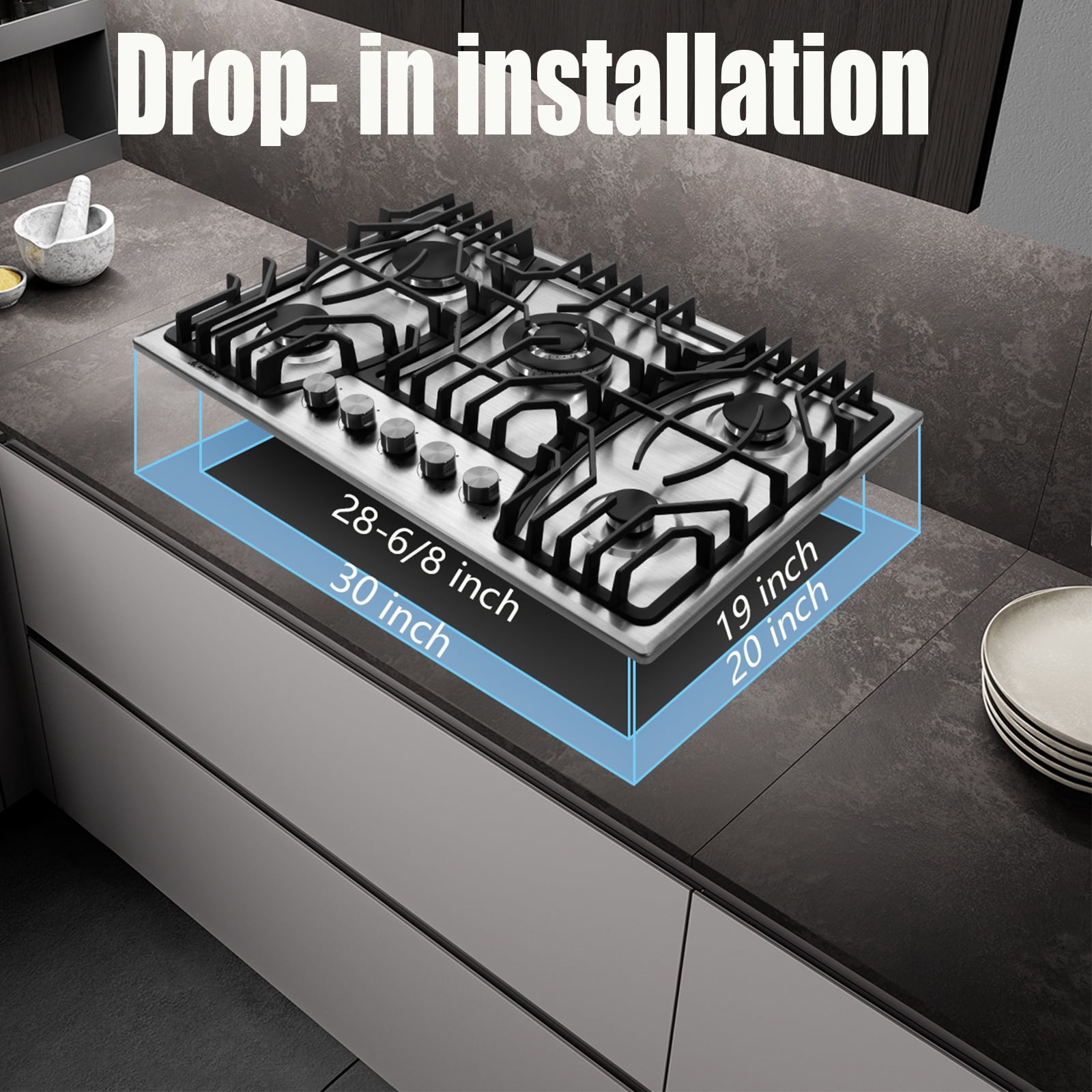 30 inch Gas Cooktop Griddle Grill, NG/LPG Dual Fuel Gas Stove top with Thermocouple Protection, Stainless Steel Gas Stove Top for Kitchen RV