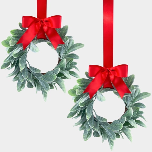 Vorkoi 2PCS Faux Kitchen Cabinet Wreaths Eucalyptus Wreaths with Ribbon Artificial Green Leaves Wreaths Decorative Hanging Wreaths for Cabinet Wall Window Front Door Decors