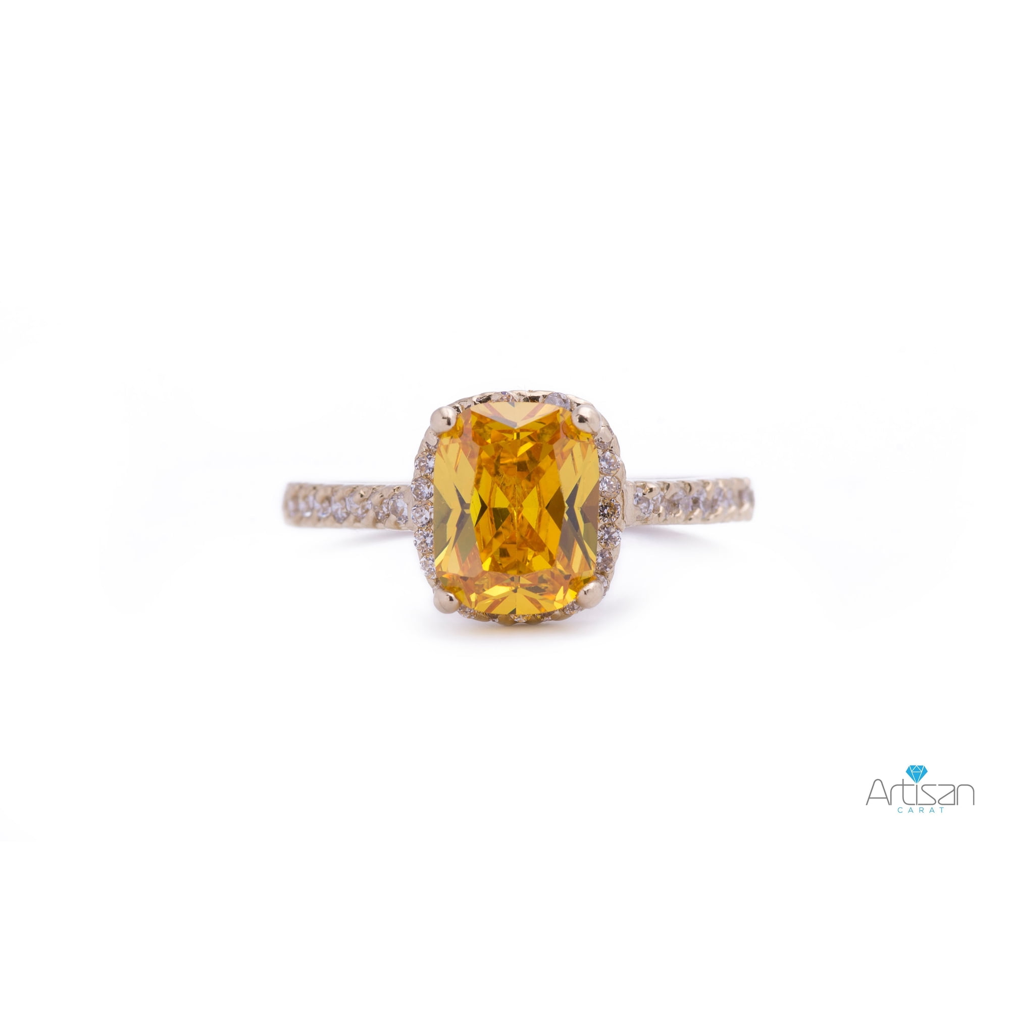November Yellow Topaz Halo Cushion Cut CZ Birthstone Ring in 14k Yellow Gold