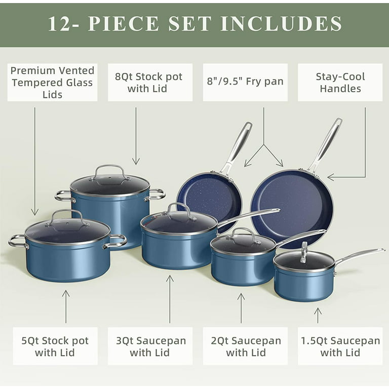 12pc Non-Stick Induction Pan Set Glass Lids Stainless Steel Kitchen Cookware  Pot