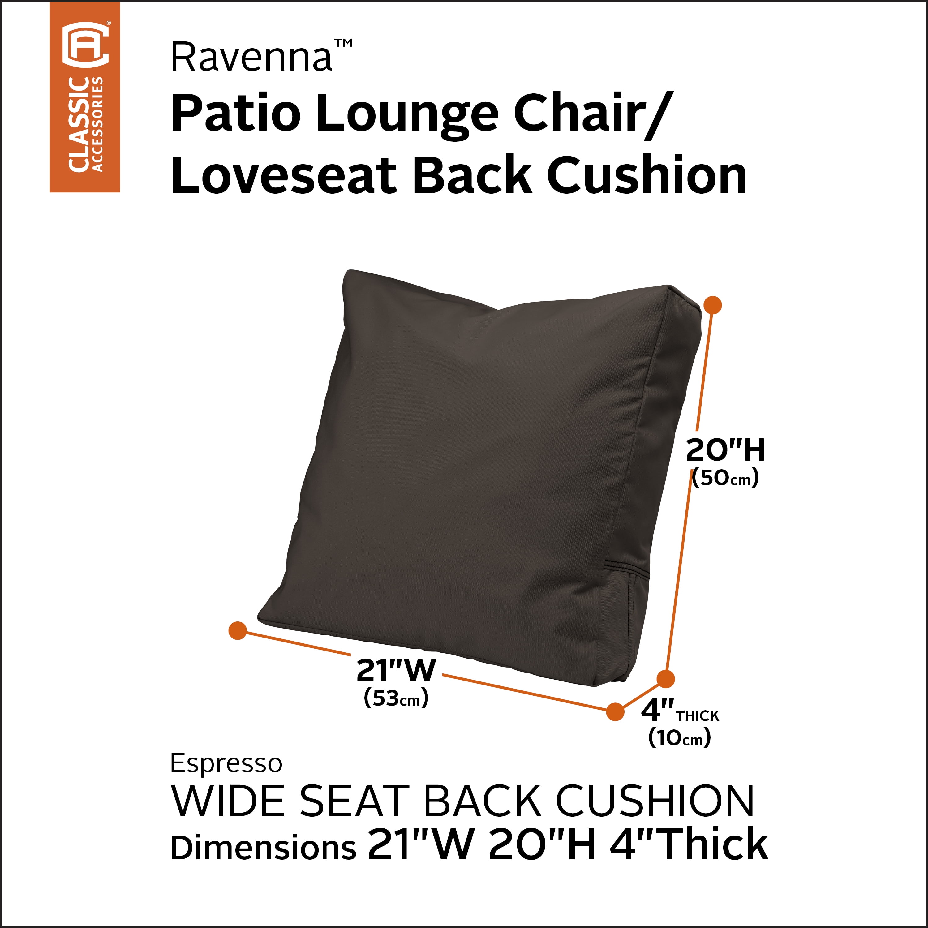 Classic Accessories Ravenna Water-Resistant Patio Lounge Chair/Loveseat Back Cushion, 21 x 20 x 4 Inch, Espresso