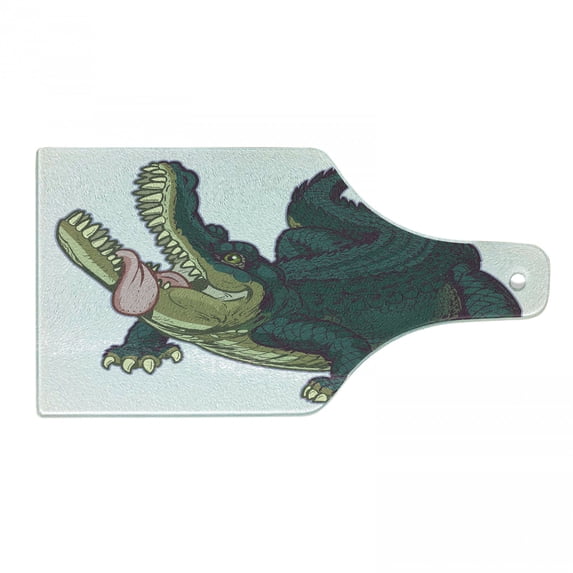 Crocodile Cutting Board, Computer Graphics of a Wild and Fierce Alligator with Sharp Teeth and Tongue, Decorative Tempered Glass Cutting and Serving Board, in 3 Sizes, by Ambesonne