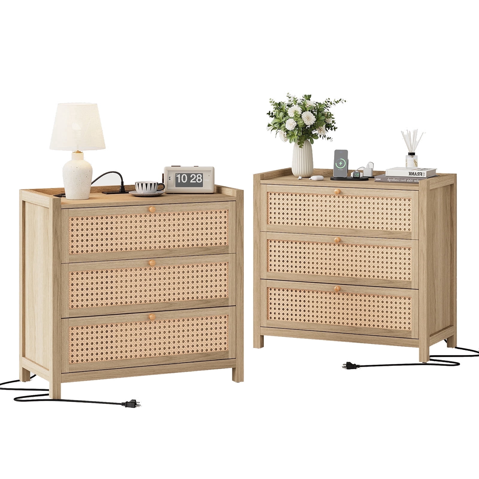 LGHM 29.5"W Nightstand Set of 2 with 3 Drawers & Charging Station, Dresser for Bedroom, Farmhouse Rattan Bedside Table Night Stands, Boho Side Tables, Oak