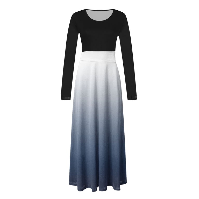 Mrat Cowl Neck Dress for Women Womens Casual Printed Round Neck Long Sleeved Patchwork A-Line Flowy Dress Long Maxi Dress Plus Size Bridesmaid Dresses