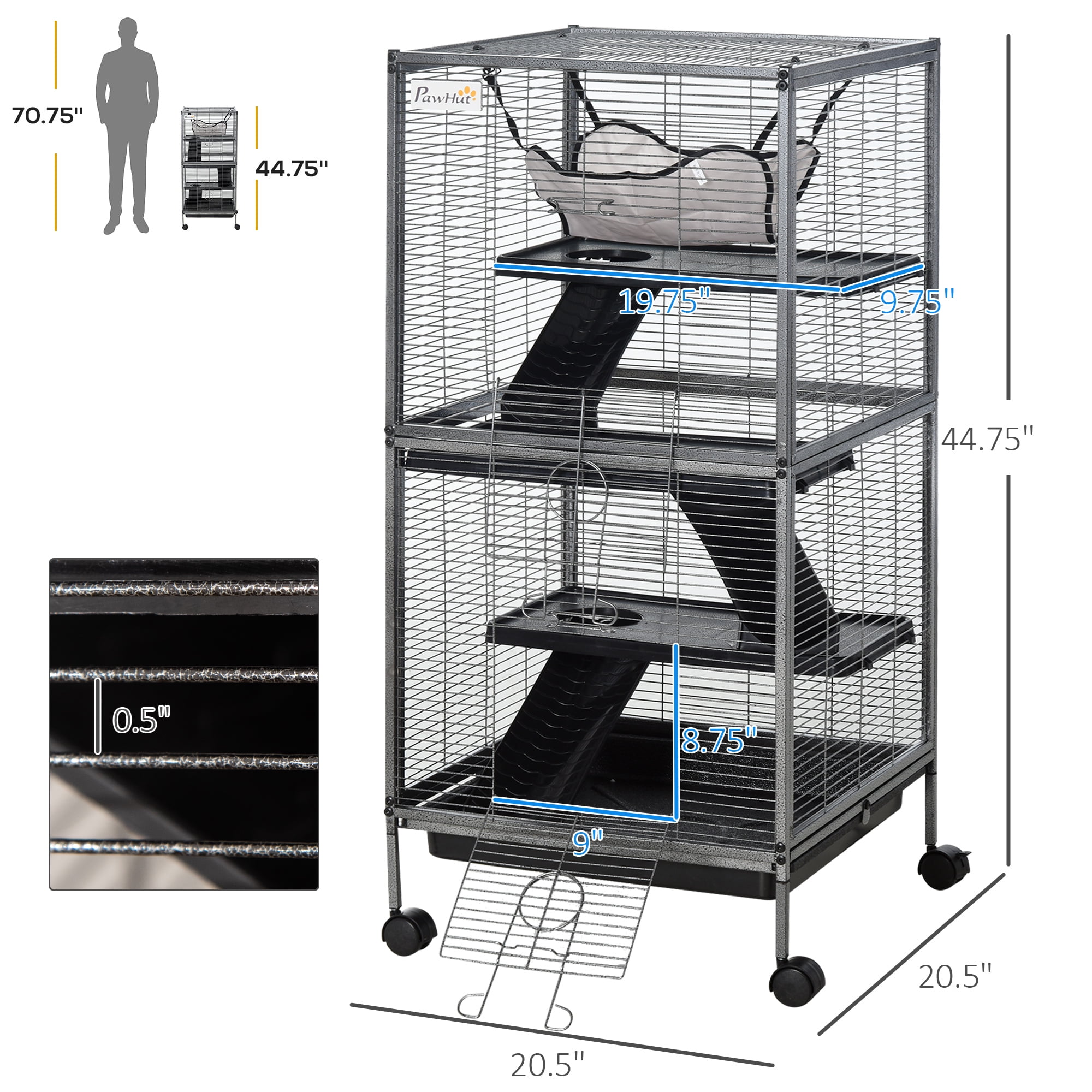 Metal Small Animal Cage Rolling Big Ferret Cage, Chinchilla Cage, Sugar Glider Cage, with Hammock & 4 Tiers, Removable Tray, Gray