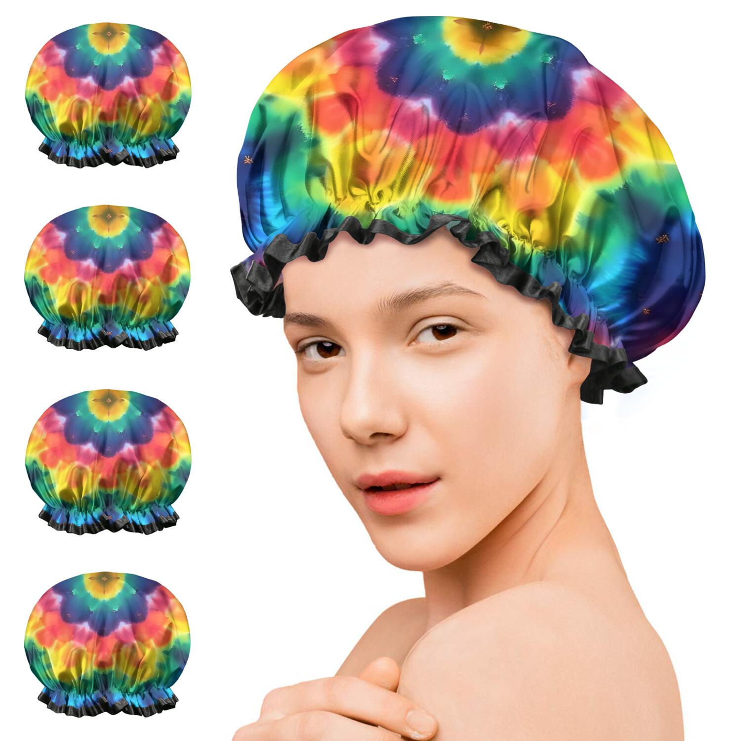 Shower Caps,Colorful Rainbow Tie Dye Spiral Pattern Waterproof Shower Cap for Women 4 Pieces,Double Reusable Hair Cover for Shower PEVA Elastic Stretch Hem