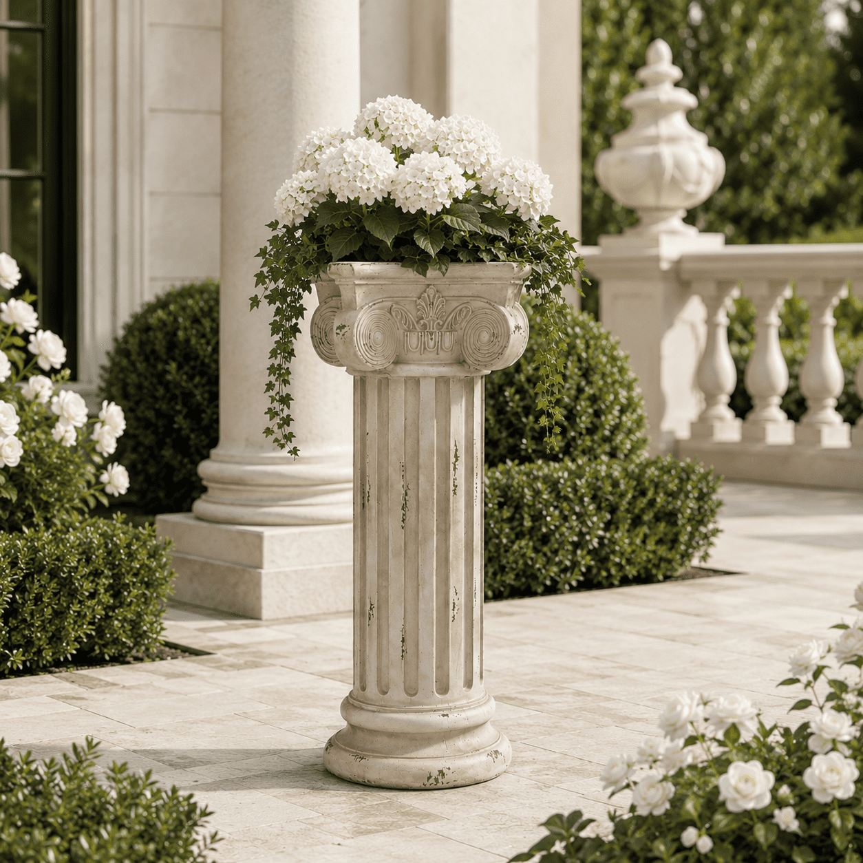 Aukfa 28.93" MGO Roman Column Planter Urn, Antique Garden Pedestal,Antique White