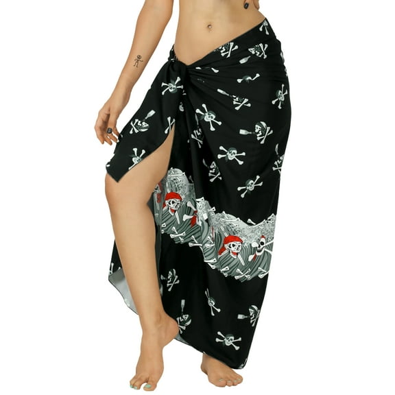 HAPPY BAY Women's Sarong Bikini Wrap Bathing suit Halloween Costumes Skull Beach Wraps Swimsuit Skirt Coverups for Women Swimwear One Size Caribbean Pirates, Black