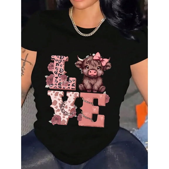 Cute Highland Cow Print Valentine's Day LOVE Graphic Women Short Sleeve T-Shirt