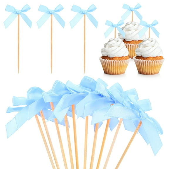 Uxcell 60-Pack Bow Cupcake Toppers, Ribbon Bow Cake Toppers Bowknot Cupcake Picks Birthday Cake Decor for Bridal Shower [Light Blue]