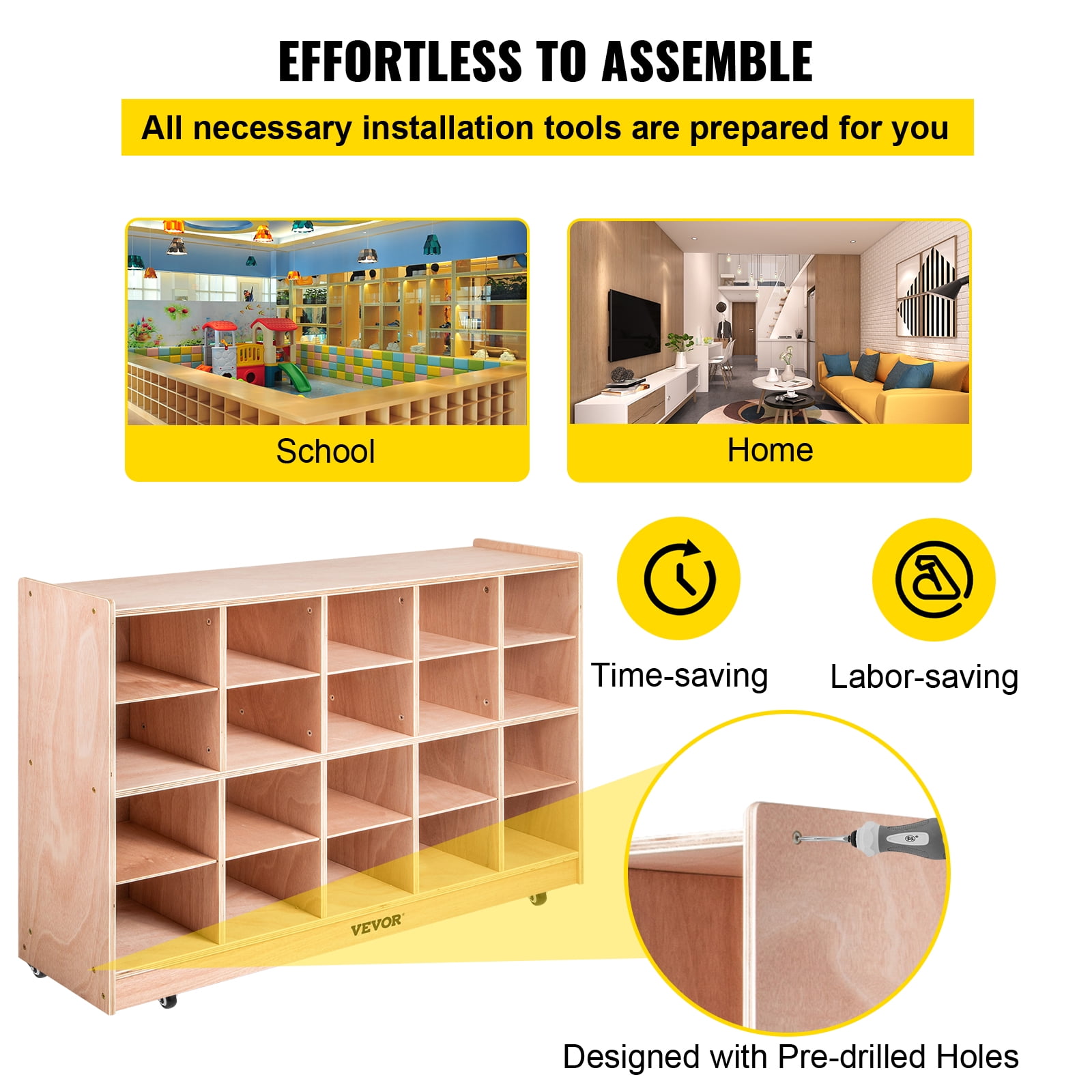VEVOR 20 Grids Classroom Storage Cabinet Preschool Wooden Cubby Organizer W/ Casters 30 inch High Plywood Wooden Cubbies for Classroom