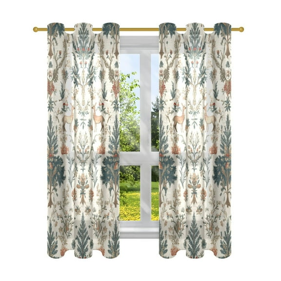 Deer and Pine Print Semi Sheer Curtains for Living Room Bedroom Set of 2 Insulated Window Drapes