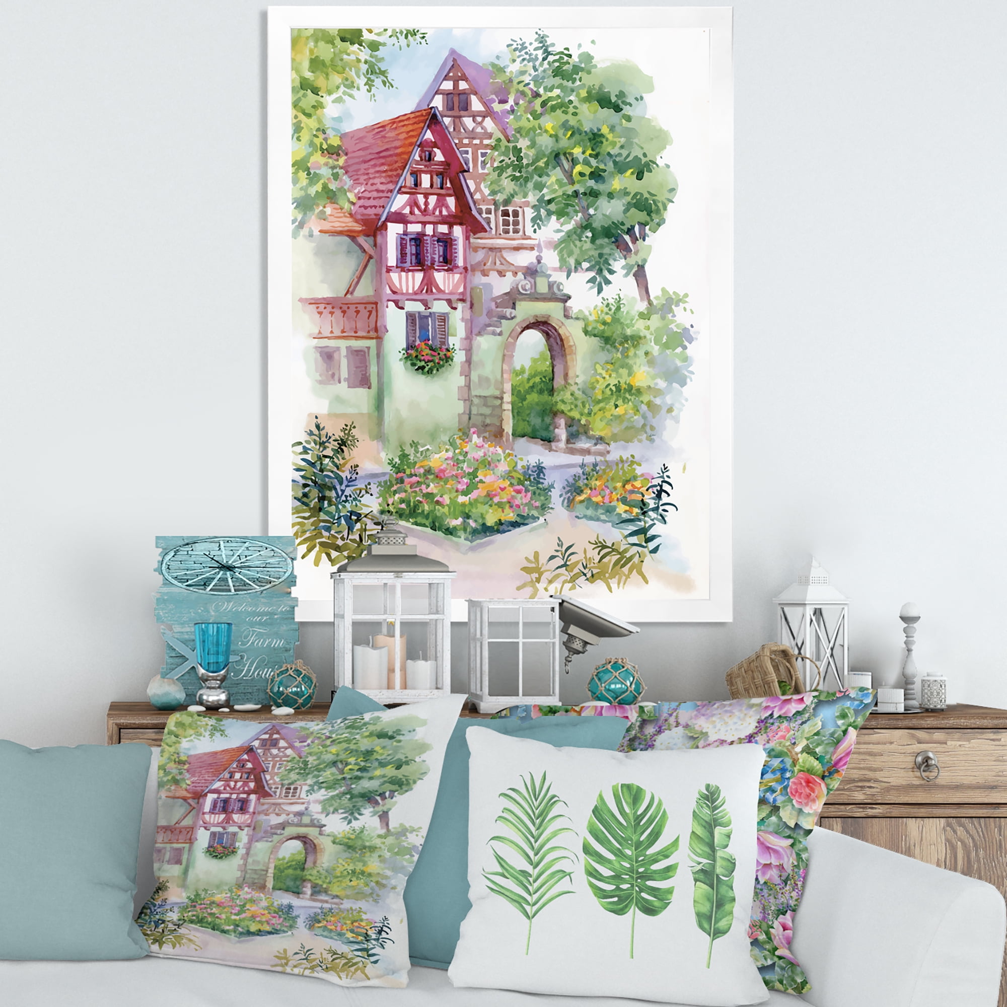 Designart 'Red Rustic House In The Country Side Landscape' Traditional Framed Art Print