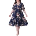 thumbnail image 2 of Vestido de verano de talla grande Agnes Orinda para mujer, floral, con volantes, corte envolvente en v, mangas cortas, vestido maxi casual con cinturón 1X azul marino, 2 of 6