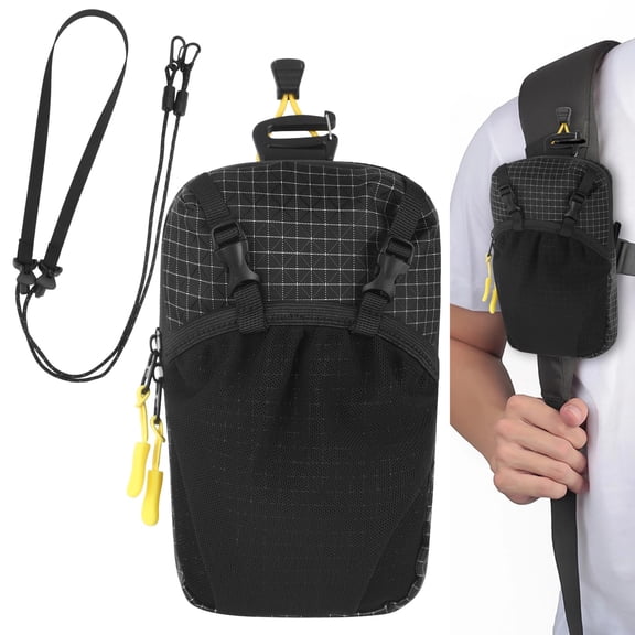 Backpack Shoulder Strap Pouch, 7.9 x 4.7 in Detachable Lightweight Shoulder Strap Pocket Attachment Bag, Black Nylon Cloth Waterproof Crossbody Phone Pouch for Hiking, Camping, Sports